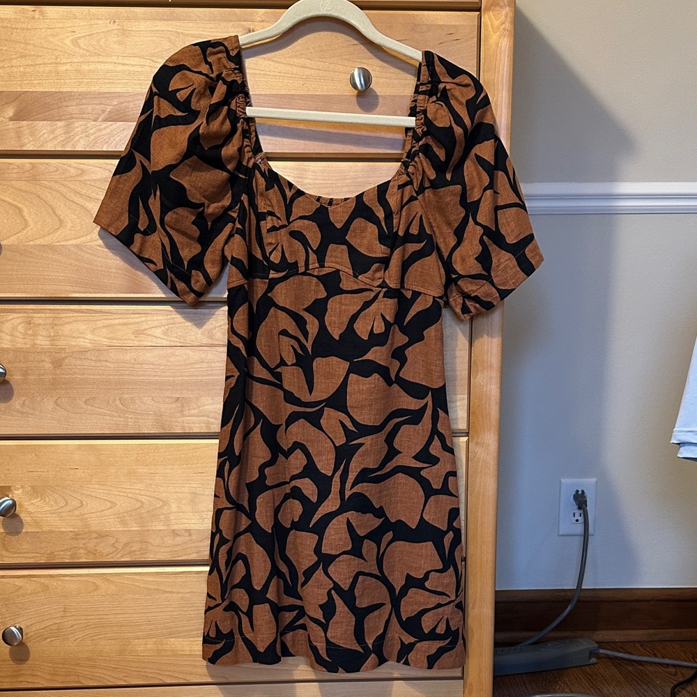 Linen Rayon Brown & Black Floral Puff-Sleeve Women's Dress